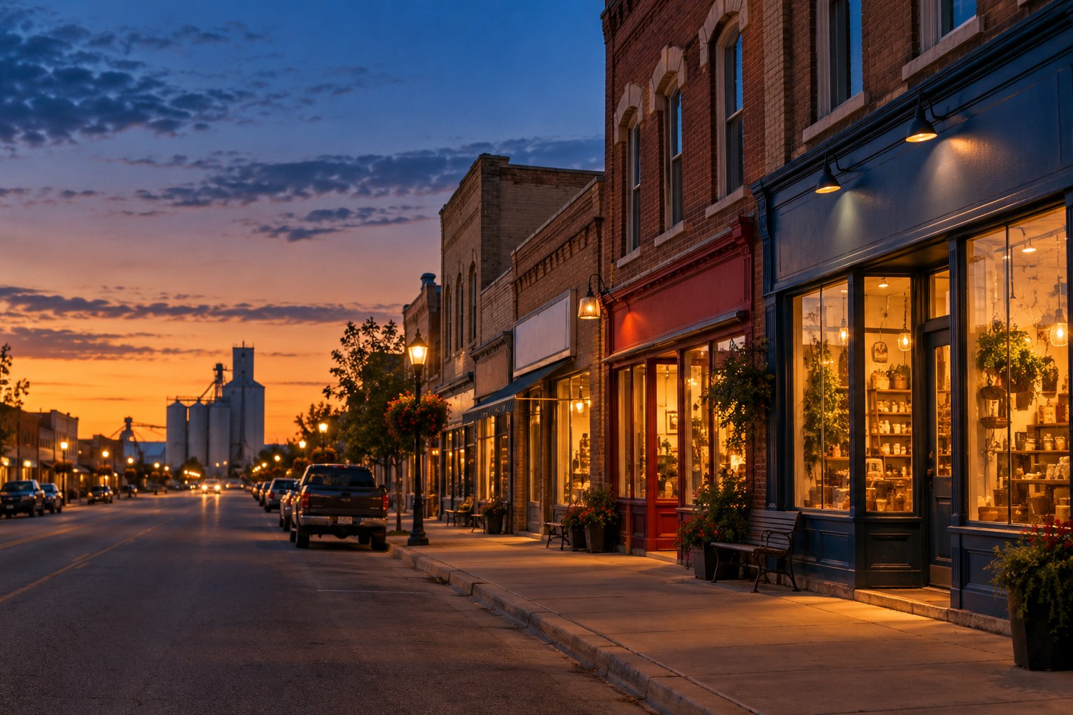 Illustrative small Canadian town main street with warmly lit local businesses at sunset